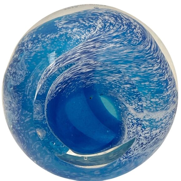 Blue Ocean Wave Design Art Glass Paperweight Sea Beach Sculpture Orb Sphere READ - Picture 7 of 10